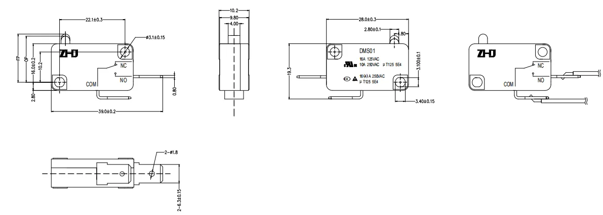 Micro Switch DMS01 — ZHJ DMS01 micro switch outline drawing with dimensions (mm)