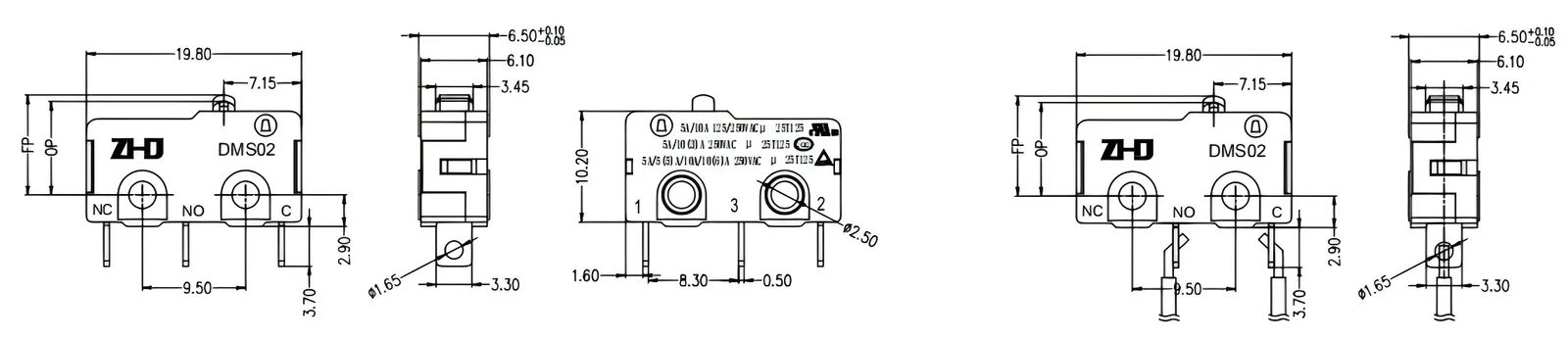 Micro Switch DMS02 — ZHJ DMS02 micro switch outline drawing with dimensions (mm)