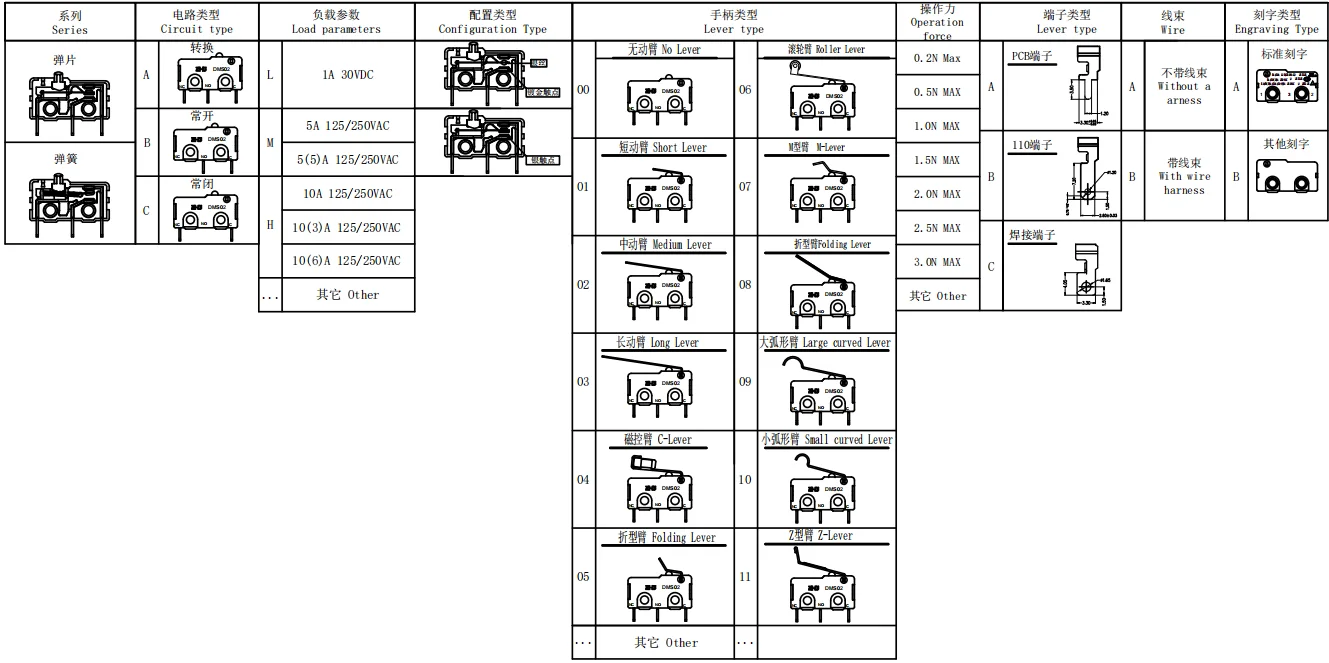Micro Switch DMS02 — ZHJ DMS02 micro switch model selection table, ordering codes and terminals