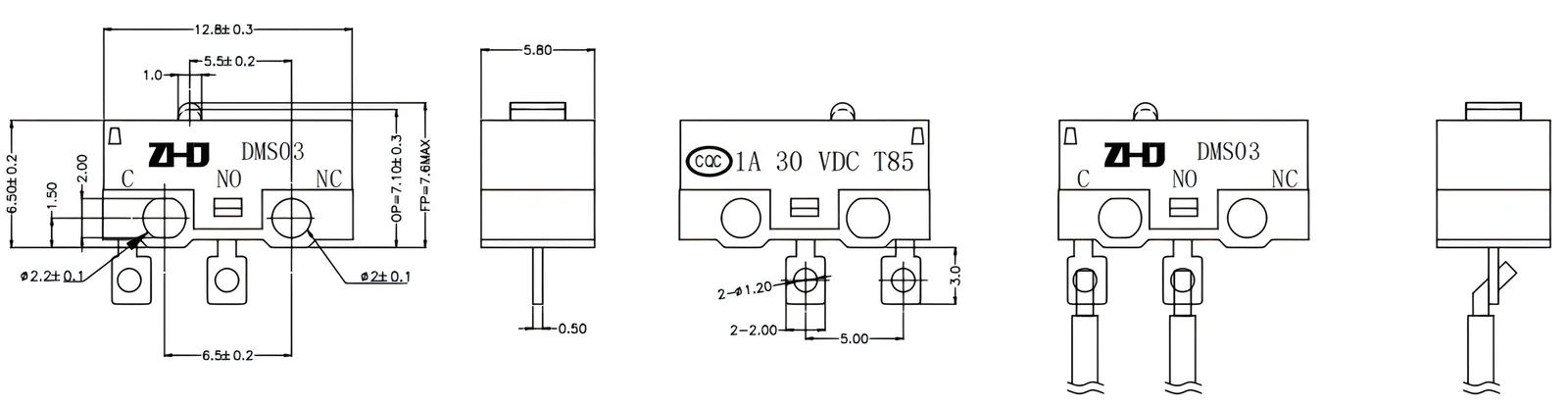 Micro Switch DMS03 — ZHJ DMS03 micro switch outline drawing with dimensions (mm)