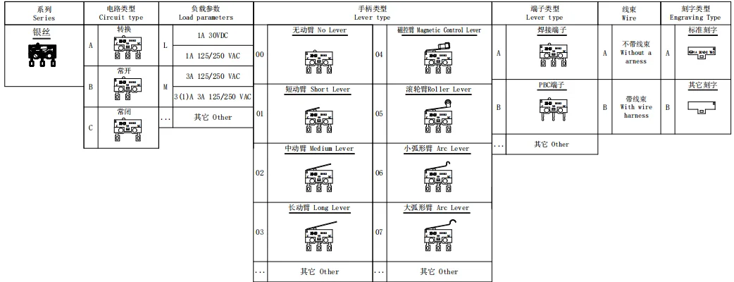 Micro Switch DMS03 — ZHJ DMS03 micro switch model selection table, ordering codes and terminals