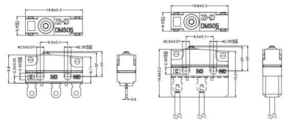 Waterproof Micro Switch DMS05 (IP67) — ZHJ DMS05 waterproof micro switch outline drawing with dimensions (mm)