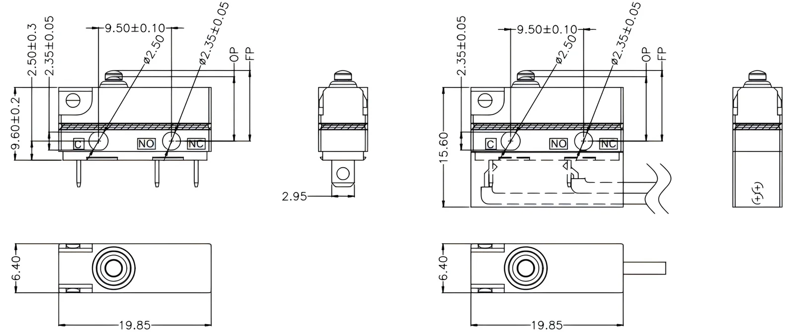 Waterproof Micro Switch DMS06 (IP67) — ZHJ DMS06 waterproof micro switch outline drawing with dimensions (mm)
