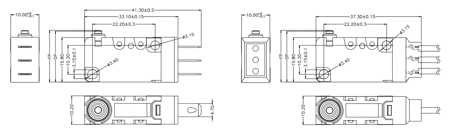 Waterproof Micro Switch DMS07 (IP67) — ZHJ DMS07 waterproof micro switch outline drawing with dimensions (mm)