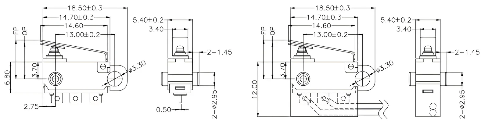Waterproof Micro Switch DMS08 (IP67) — ZHJ DMS08 waterproof micro switch outline drawing with dimensions (mm)