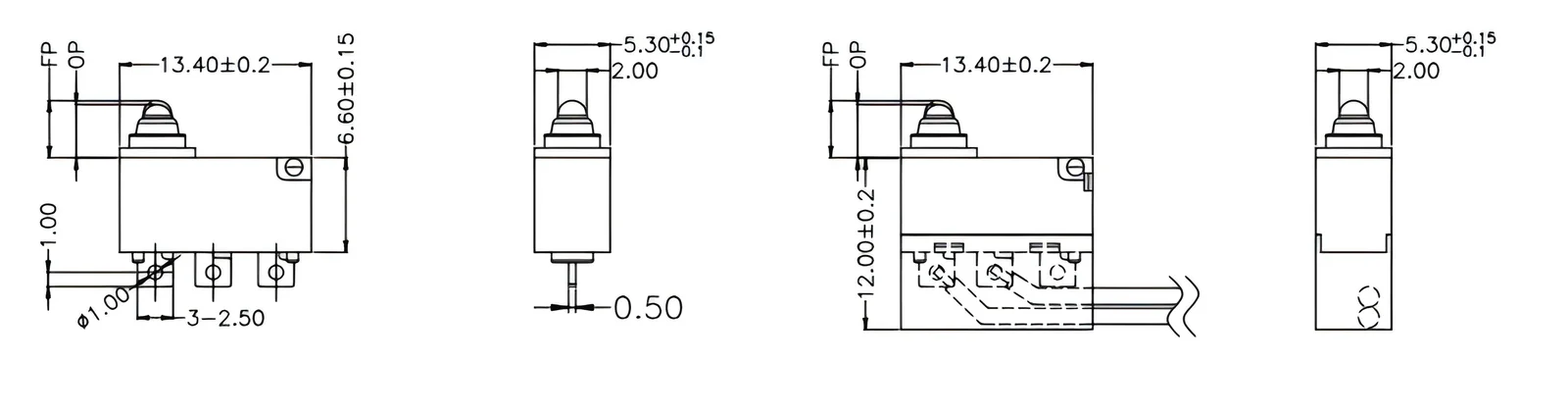 Waterproof Micro Switch DMS09 (IP67) — ZHJ DMS09 waterproof micro switch outline drawing with dimensions (mm)