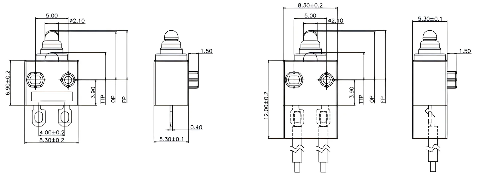 Waterproof Micro Switch DMS11 (IP67) — ZHJ DMS11 waterproof micro switch outline drawing with dimensions (mm)